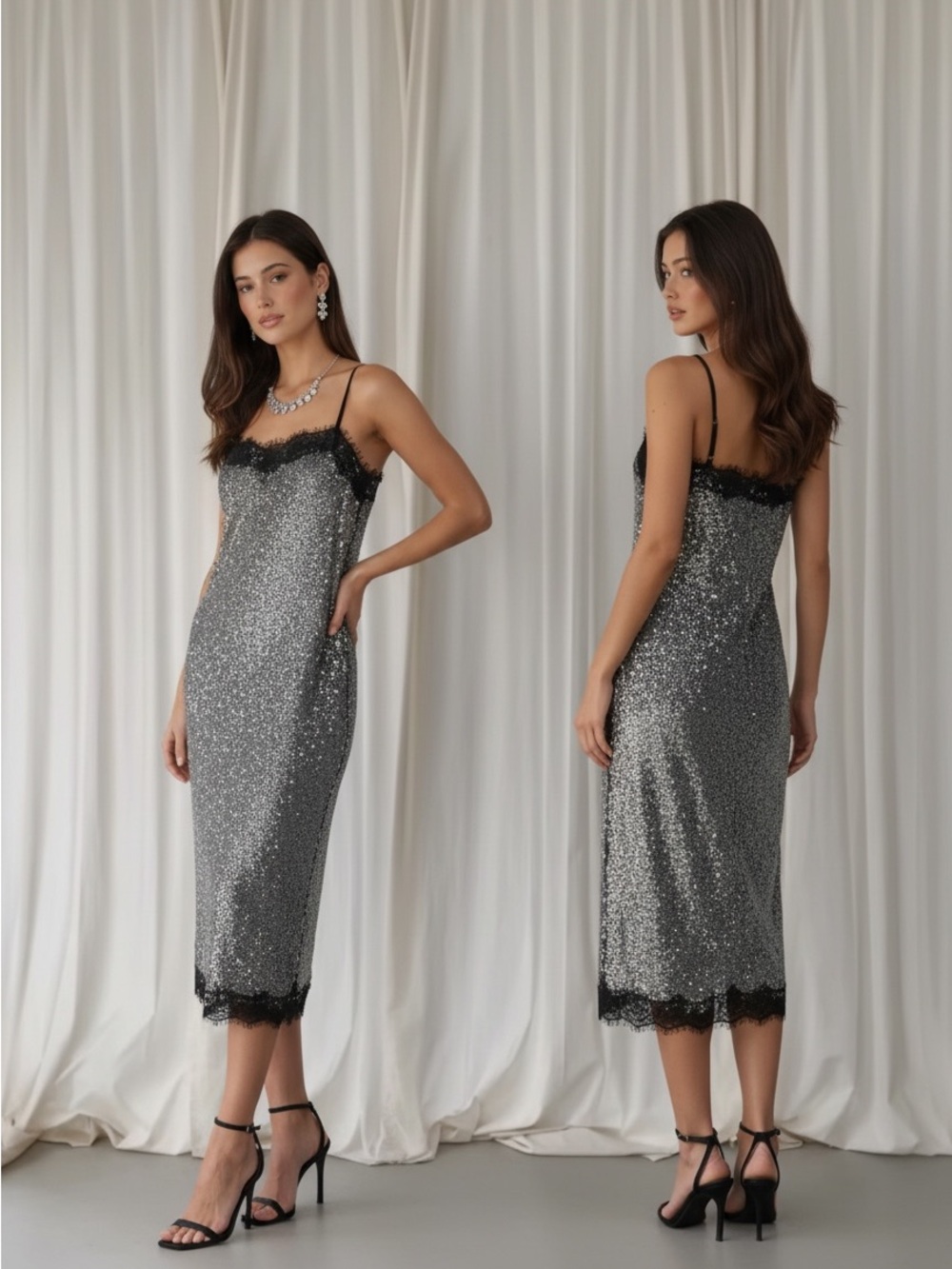 Gianni Bini Lilly sisto Black Slip Dress with Silver Sequin Trim size 0